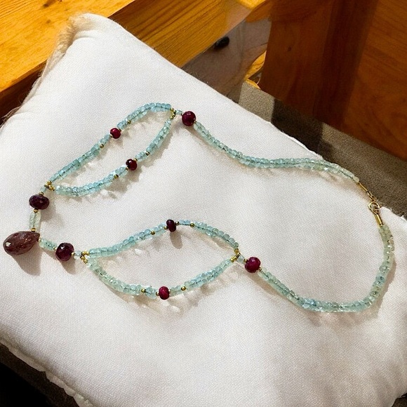 Hand-Faceted Raw Ruby & Aquamarine Gold Over Sterling Necklace - Picture 3 of 6